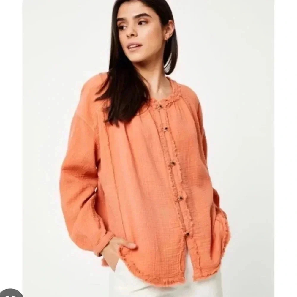 Free People Moving Mountains Oversized Shirt Long Sleeve Raw Hem Size S NWT